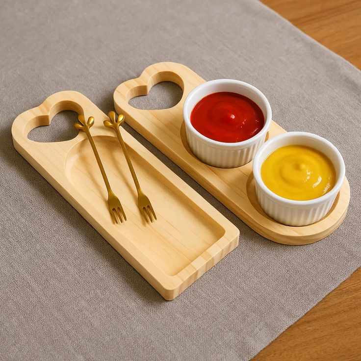Heart-Shaped Wooden Serving Tray Set with Sauce Bowls & Mini Forks